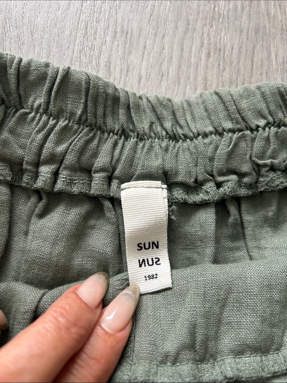 SUN 1982 Olive Green Linen Blend Elastic Waist Pants
